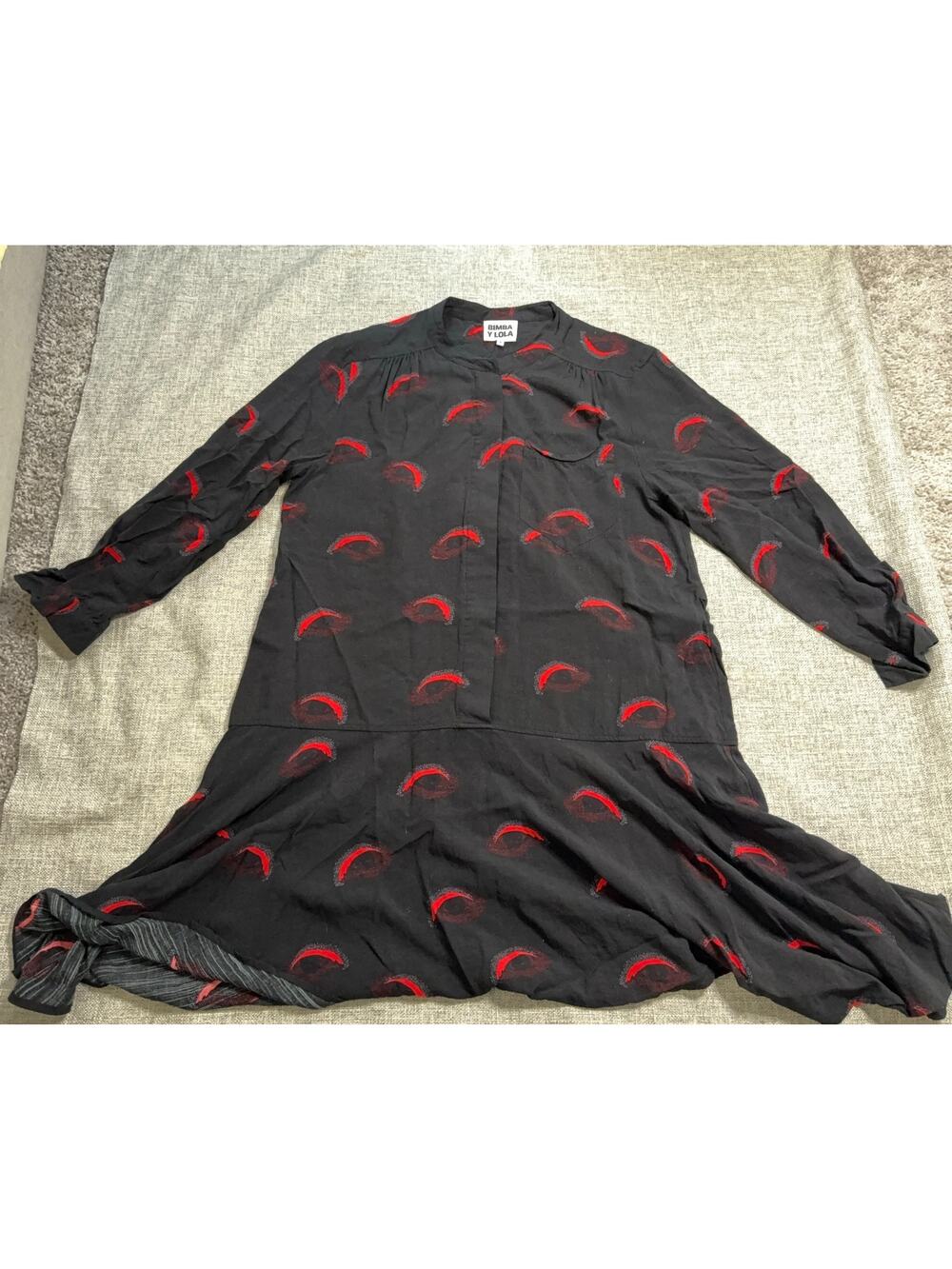 Bimba Y Lola Dress Womens Small Black Red Eye Print Long Sleeve Artsy Drop Waist